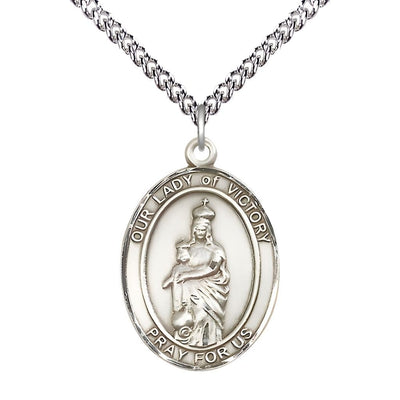 Sterling Silver Our Lady of Victory Oval Medal with Sterling Silver Chain, 1" tall x 3/4" wide, Bliss Manufacturing