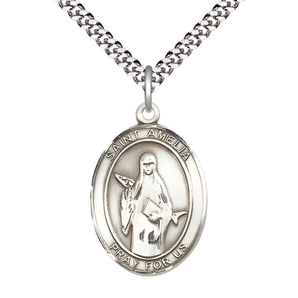 Large Saint Amelia Pewter Oval Medal Pendant with 24" Rhodium-plated Curb Chain with Deluxe Gift Box | Bliss Manufacturing