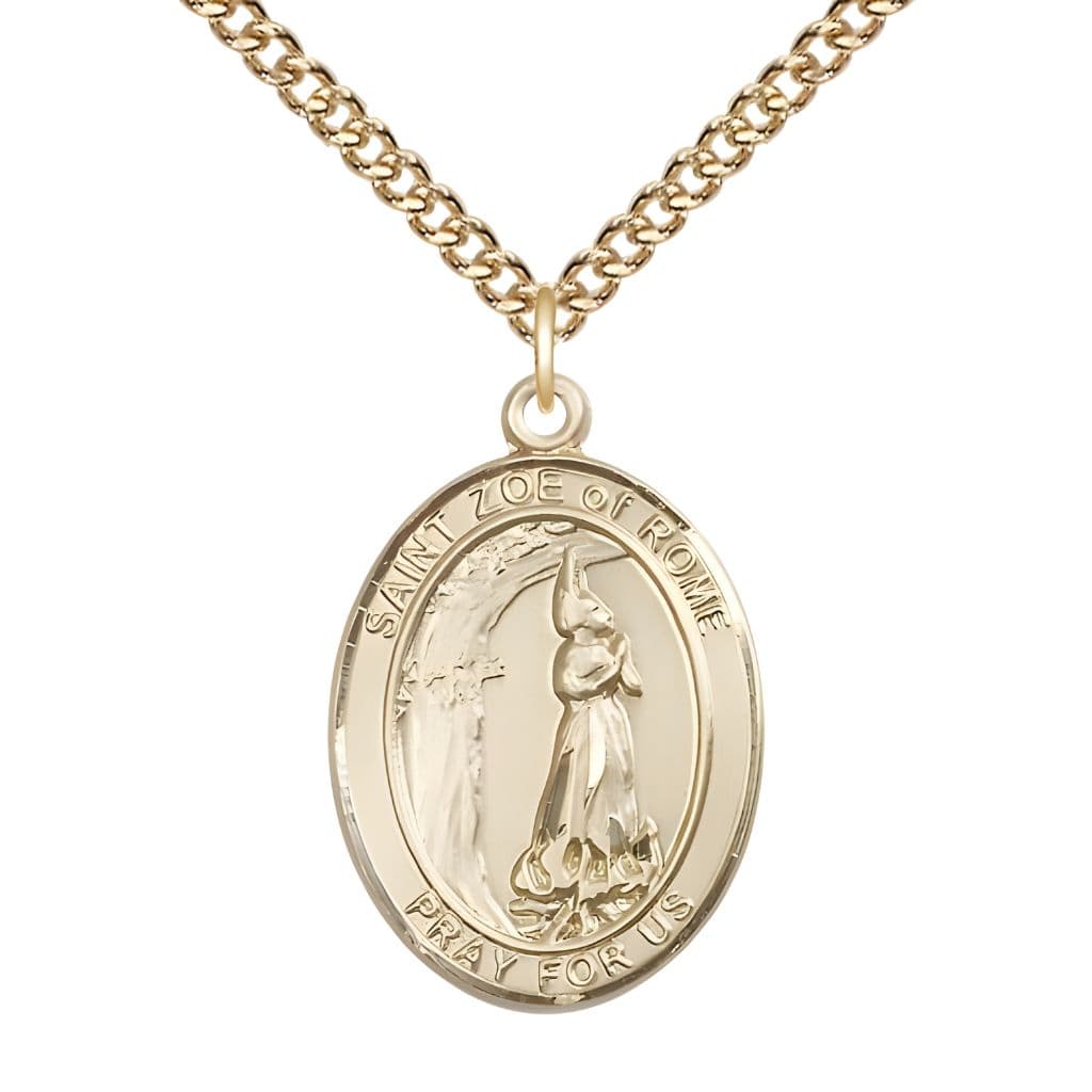 St. Zoe of Rome Gold-filled Oval Engravable Medal with Gold-filled Chain, Medal Measures 1-inch tall by 3/4-inch wide.