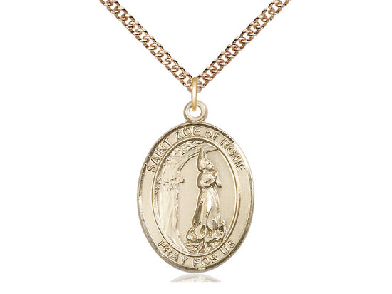 Bliss Large 14kt Gold St Zoe of Rome Pendant on a 24 inch 14kt Gold Heavy Curb Chain,