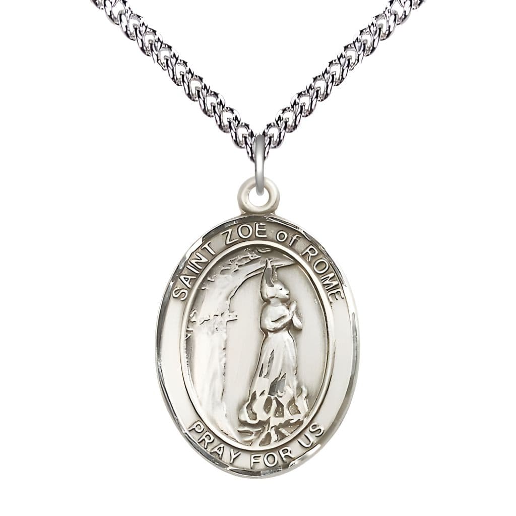 St. Zoe of Rome Sterling Silver Oval Engravable Medal with Sterling Chain, Medal Measures 1-inch tall by 3/4-inch wide.