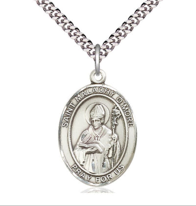 Large Pewter St Malachy O'More Catholic Patron Saint Medal with Plated Chain, Bliss Manufacturing