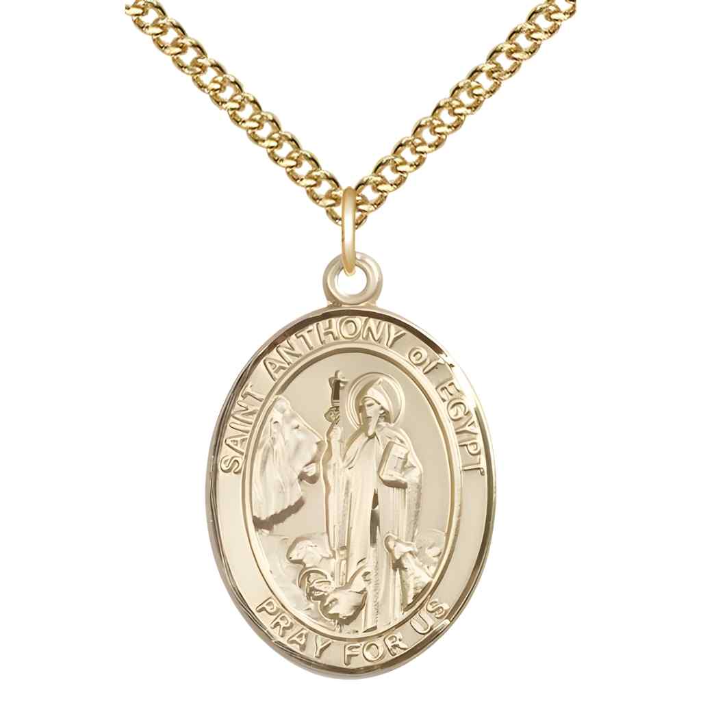 Large Saint Anthony of Egypt 14kt Gold Oval Medal Pendant with 14kt Gold Curb Chain in Deluxe Gift Box | Bliss Manufacturing