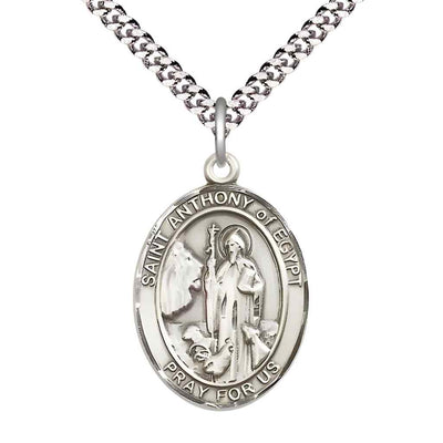 Large Saint Anthony of Egypt Pewter Oval Medal Pendant with 24" Rhodium-plated Curb Chain with Deluxe Gift Box | Bliss Manufacturing