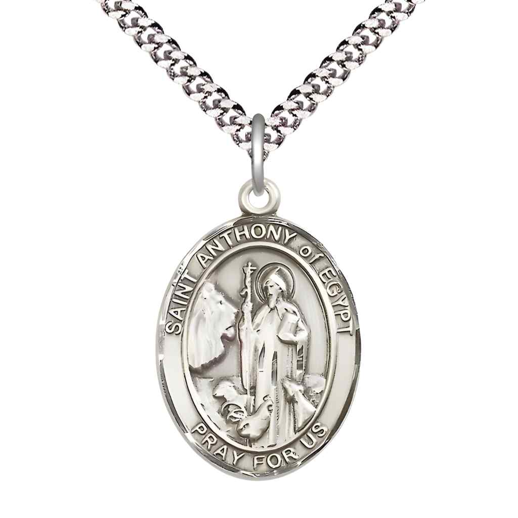 Large Saint Anthony of Egypt Sterling Silver Oval Medal Pendant with Rhodium-plated Curb Chain with Deluxe Gift Box | Bliss Manufacturing