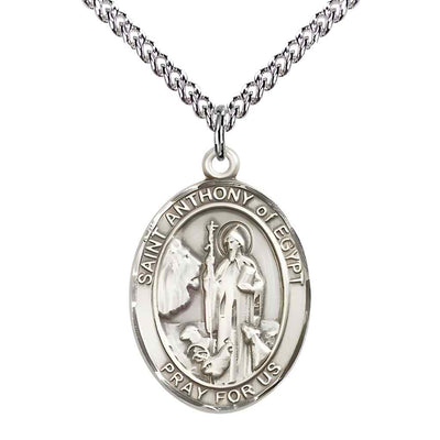 Large Saint Anthony of Egypt Sterling Silver Oval Medal Pendant with Sterling Silver Curb Chain with Deluxe Gift Box | Bliss Manufacturing
