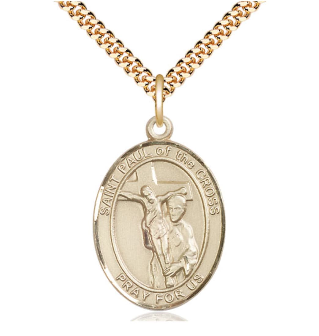 Bliss Large 14kt Gold Filled St Paul of the Cross Pendant on a Gold Plate Heavy Curb Chain,