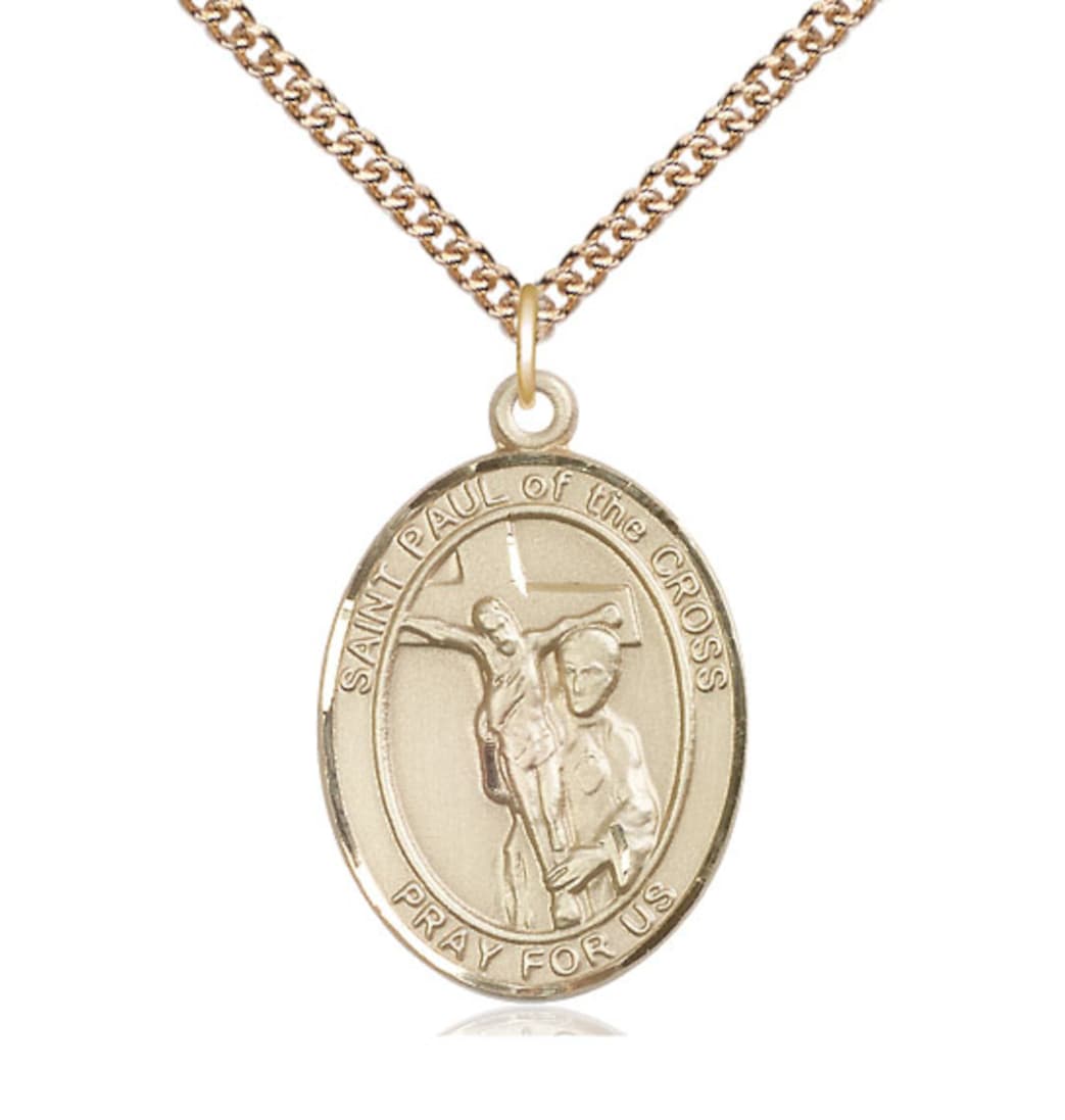 Bliss Large 14kt Gold St Paul of the Cross Pendant on a 24 inch 14kt Gold Heavy Curb Chain,