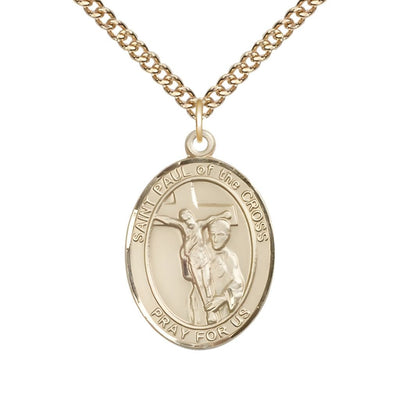 St. Paul of the Cross 14kt Gold Oval Medal Pendant with 14kt Gold Chain, Measures 1-inch tall by 3/4-inch wide. Deluxe Gift Box, Bliss Manufacturing