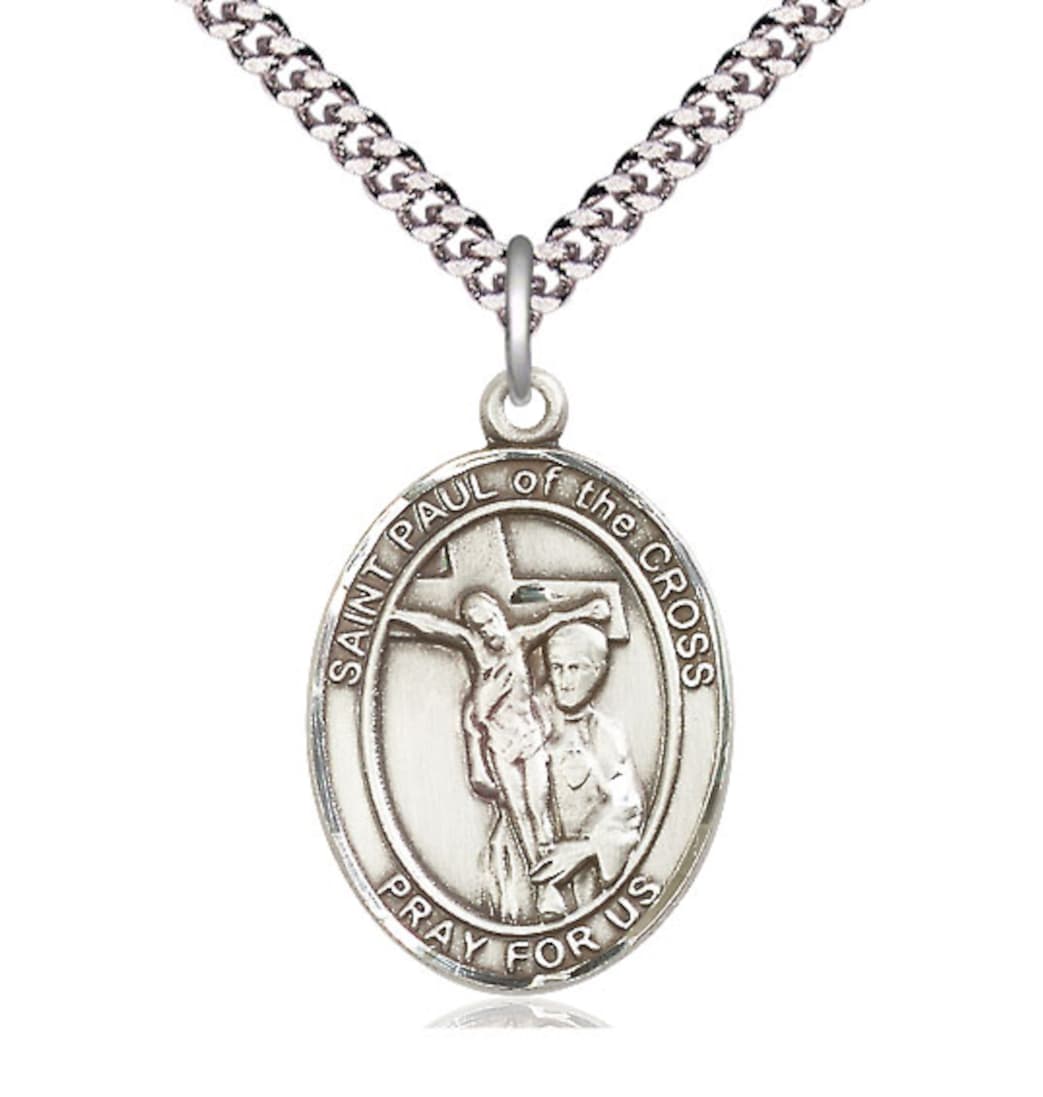 Bliss Large Sterling Silver St Paul of the Cross Pendant on a Light Rhodium Heavy Curb Chain,