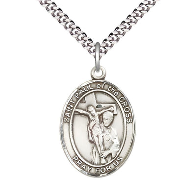 St. Paul of the Cross Sterling Silver Oval Medal Pendant with Rhodium-plated Chain, Measures 1-inch tall by 3/4-inch wide. Deluxe Gift Box, Bliss Manufacturing