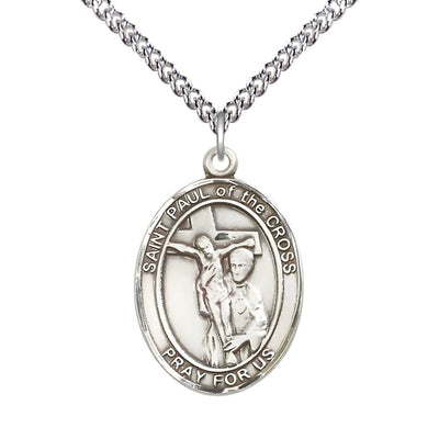 St. Paul of the Cross Sterling Silver Oval Medal Pendant with Sterling Silver Chain, Measures 1-inch tall by 3/4-inch wide. Deluxe Gift Box, Bliss Manufacturing