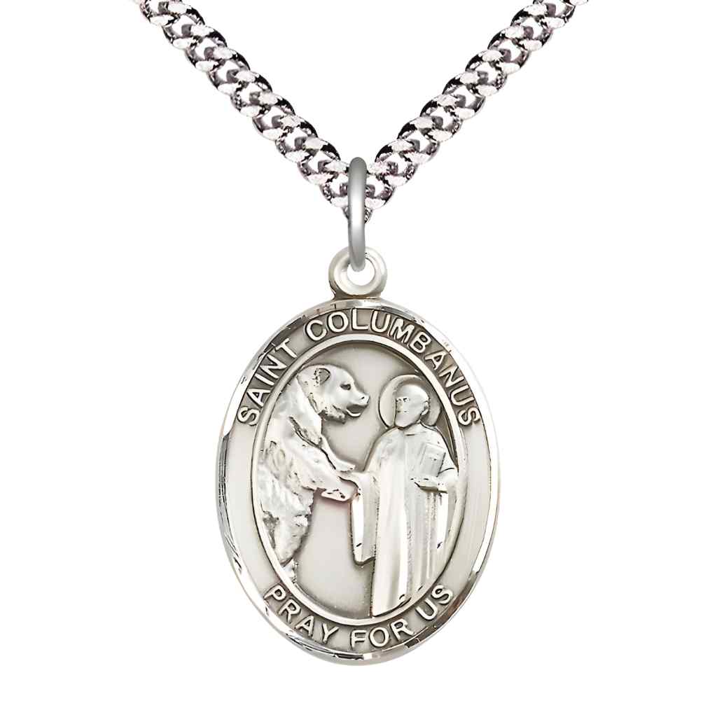 Large Saint Columbanus Pewter Oval Medal Pendant with 24" Rhodium-plated Curb Chain in Deluxe Gift Box | Bliss Manufacturing