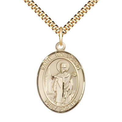 St. Wolfgang 14kt Gold-filled Oval Medal Pendant with Gold-plated Chain, Measures 1-inch tall by 3/4-inch wide, Bliss Manufacturing