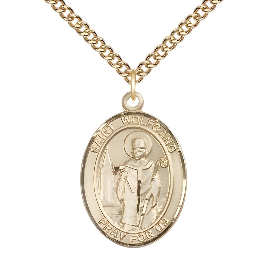 Bliss St. Wolfgang 14kt Gold-filled Oval Medal Pendant with Gold-filled Chain, Measures 1-inch tall by 3/4-inch wide.