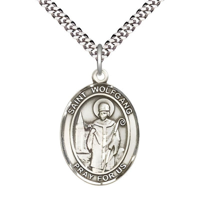 St. Wolfgang Pewter Oval Medal Pendant with Rhodium-plated Chain, Measures 1-inch tall by 3/4-inch wide, Bliss Manufacturing