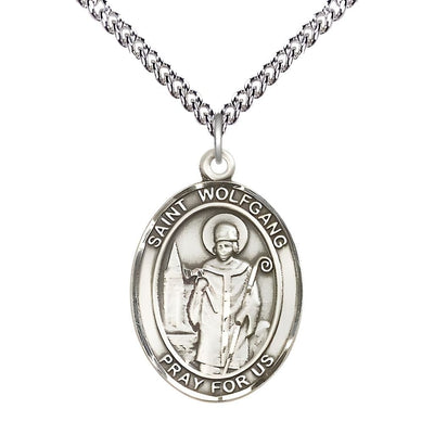 St. Wolfgang Sterling Silver Oval Medal Pendant with Sterling Silver Chain, Measures 1-inch tall by 3/4-inch wide, Bliss Manufacturing