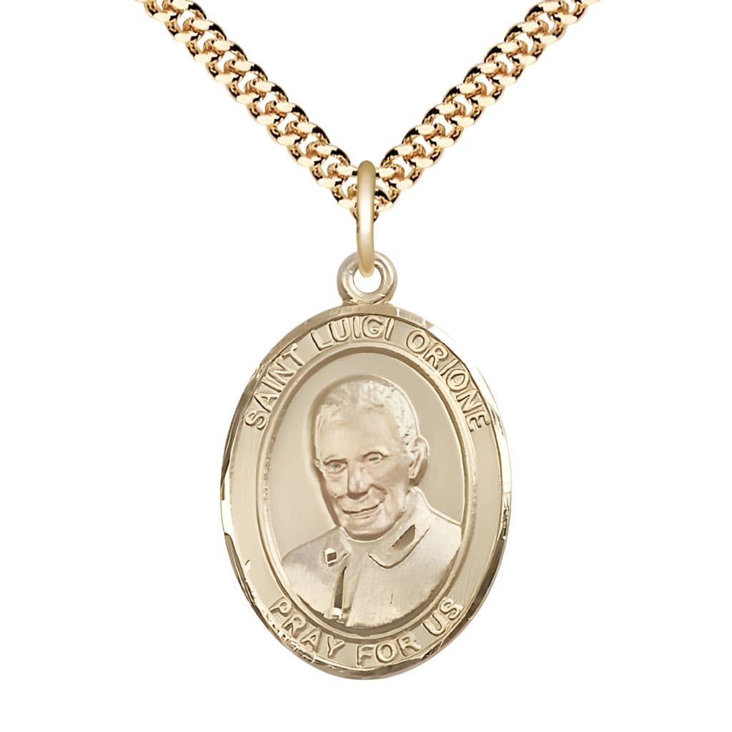Bliss St. Luigi Orione 14kt Gold-filled Oval Medal Pendant with Gold-plated Chain, Measures 1-inch tall by 3/4-inch wide.