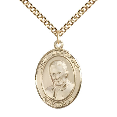 St. Luigi Orione 14kt Gold Oval Medal Pendant with 14kt Gold Chain, Measures 1-inch tall by 3/4-inch wide, Bliss Manufacturing