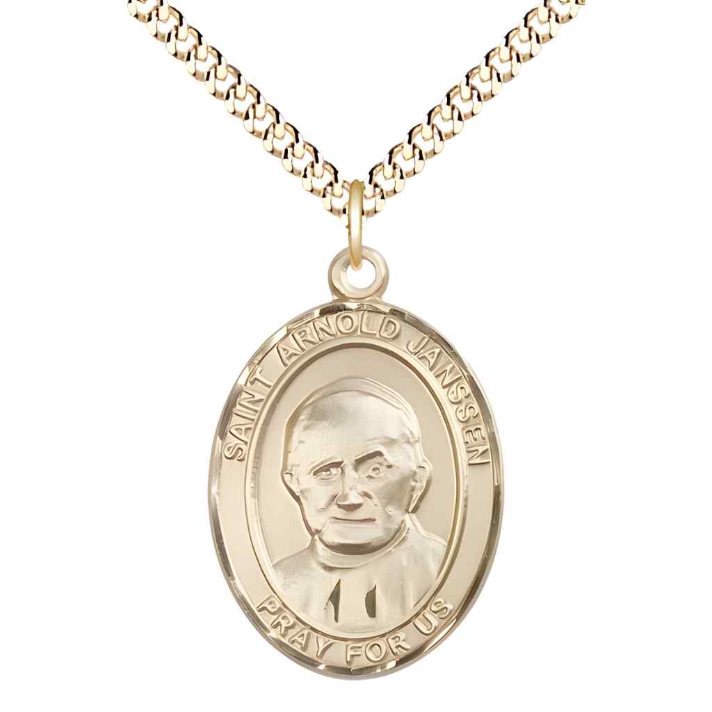 Large Saint Arnold Janssen 14kt Gold-filled Oval Medal Pendant with Gold-plated Curb Chain in Deluxe Gift Box | Bliss Manufacturing