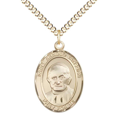Large Saint Arnold Janssen 14kt Gold-filled Oval Medal Pendant with Gold-plated Curb Chain in Deluxe Gift Box | Bliss Manufacturing