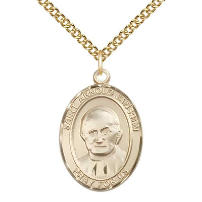 Large Saint Arnold Janssen 14kt Gold-filled Oval Medal Pendant with Gold-filled Curb Chain in Deluxe Gift Box | Bliss Manufacturing
