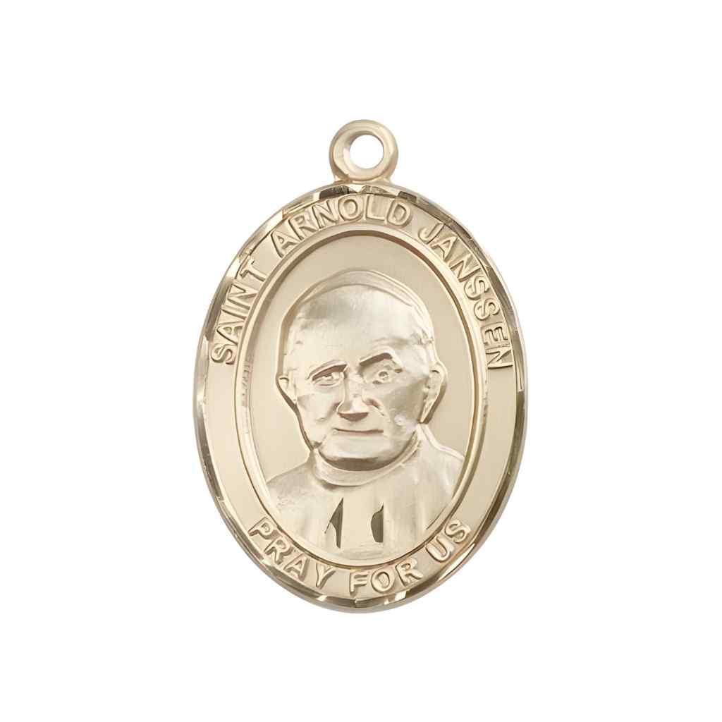 Large Saint Arnold Janssen 14kt Gold Oval Medal Pendant comes in Deluxe Gift Box | Bliss Manufacturing