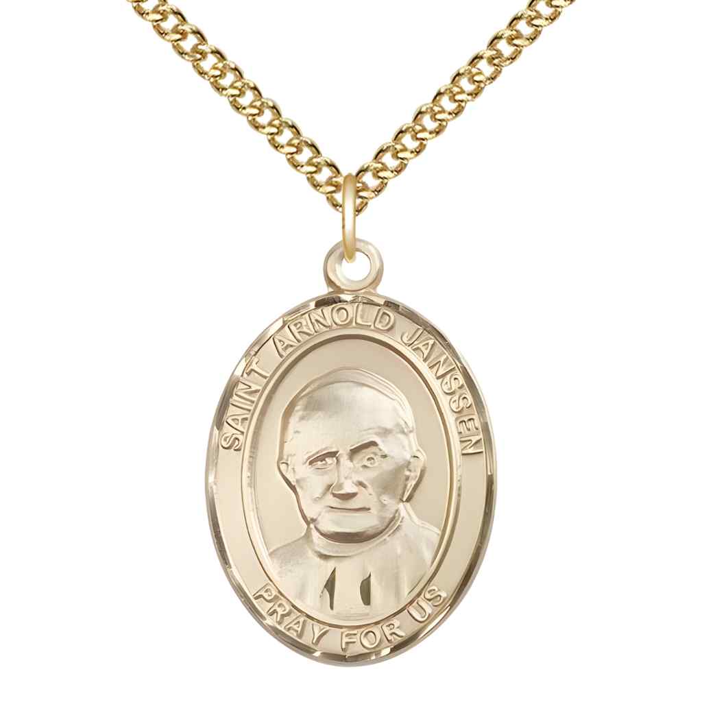 Large Saint Arnold Janssen 14kt Gold Oval Medal Pendant with 14kt Gold Curb Chain in Deluxe Gift Box | Bliss Manufacturing