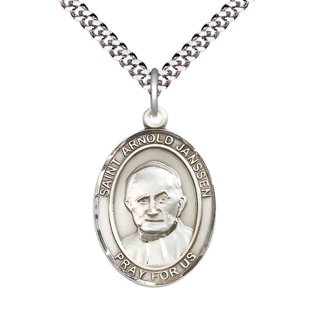Large Saint Arnold Janssen Sterling Silver Oval Medal Pendant with Rhodium-plated Curb Chain in Deluxe Gift Box | Bliss Manufacturing