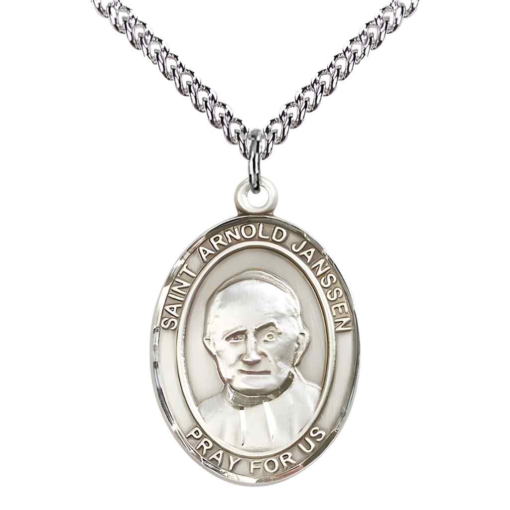 Large Saint Arnold Janssen Sterling Silver Oval Medal Pendant with Sterling Silver Curb Chain in Deluxe Gift Box | Bliss Manufacturing