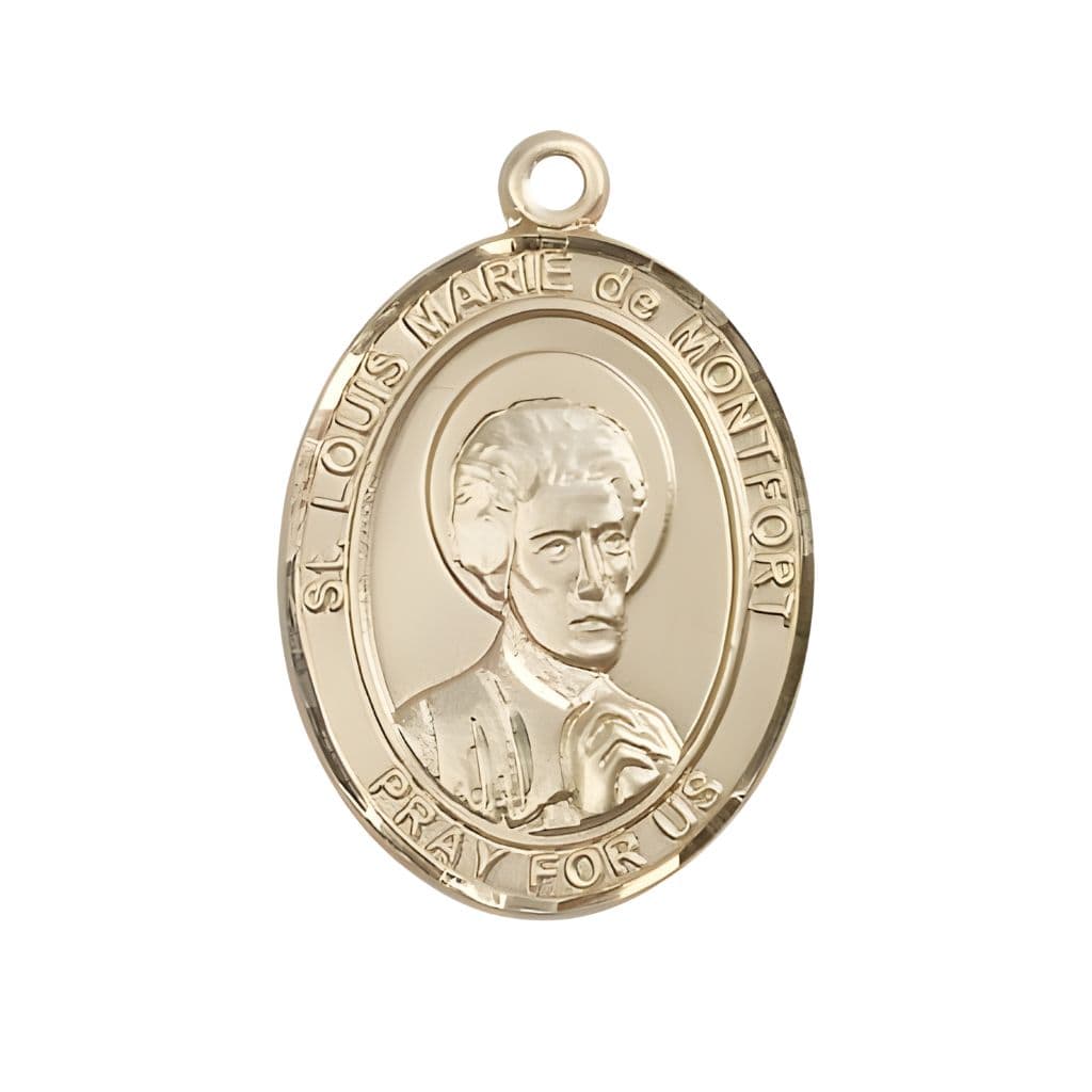 Bliss St. Louis Marie de Montfort 14kt Gold Oval Medal Pendant, Measures 1-inch tall by 3/4-inch wide.