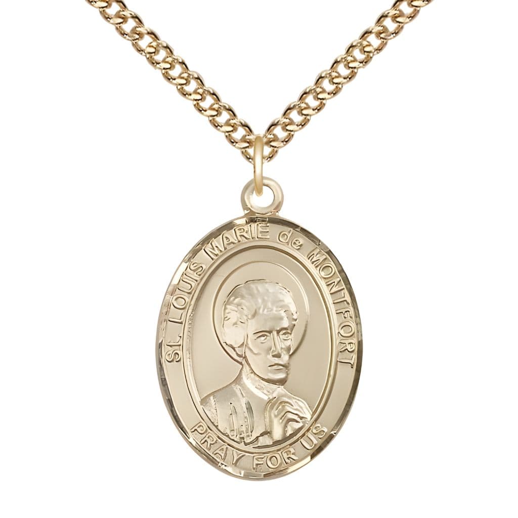 Bliss St. Louis Marie de Montfort 14kt Gold Oval Medal Pendant with 14kt Gold Chain, Measures 1-inch tall by 3/4-inch wide.