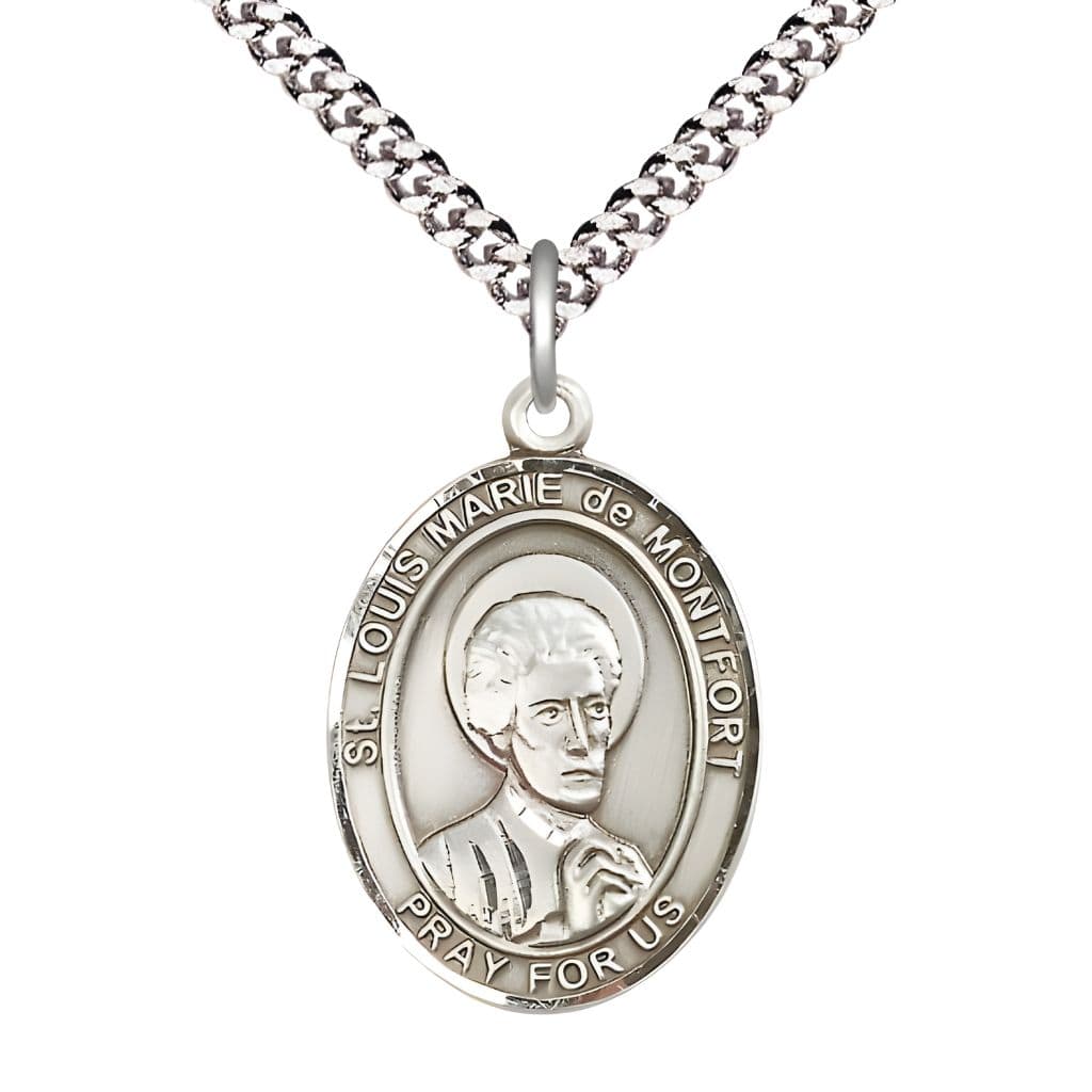 Bliss St. Louis Marie de Montfort Sterling Silver Oval Medal Pendant with Rhodium-plated Chain, Measures 1-inch tall by 3/4-inch wide.