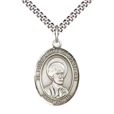St. Louis Marie de Montfort Sterling Silver Oval Medal Pendant with Rhodium-plated Chain, Measures 1-inch tall by 3/4-inch wide, Bliss Manufacturing