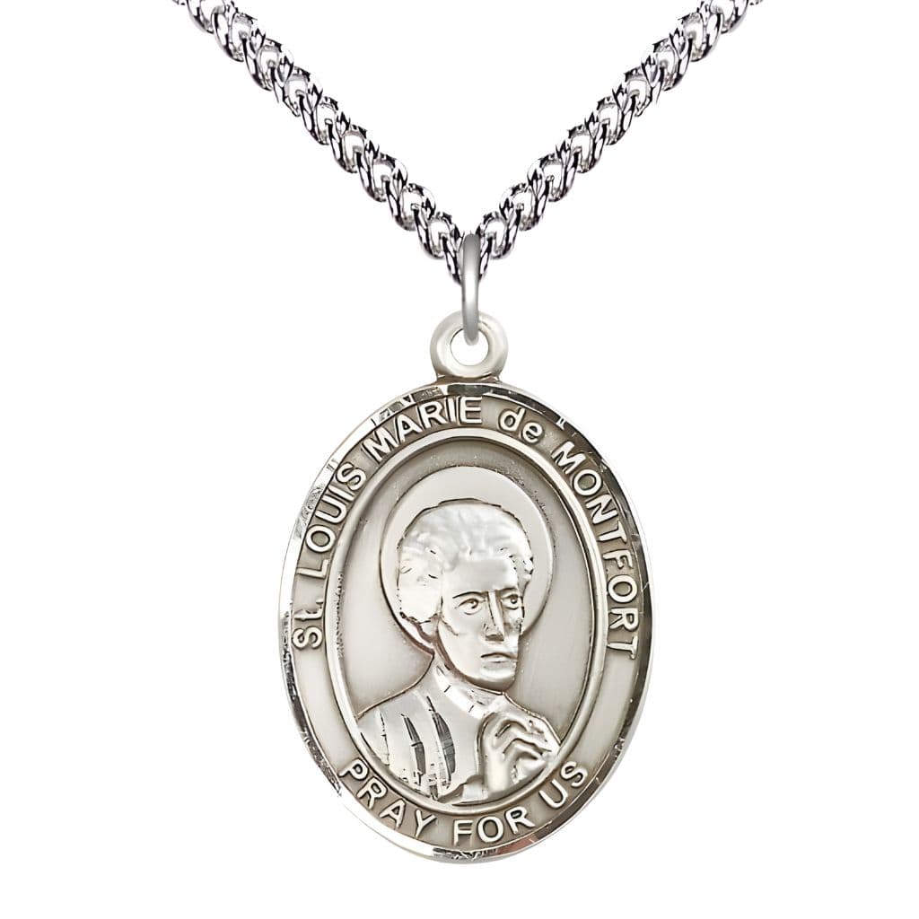 Bliss St. Louis Marie de Montfort Sterling Silver Oval Medal Pendant with Sterling Chain, Measures 1-inch tall by 3/4-inch wide.