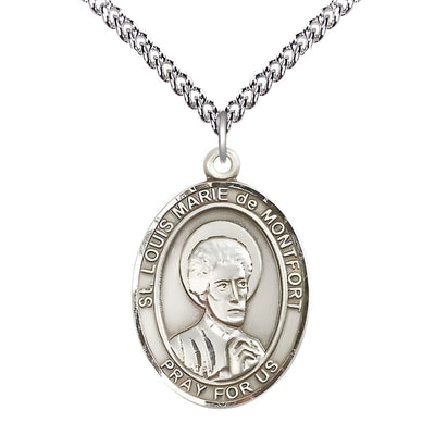 St. Louis Marie de Montfort Sterling Silver Oval Medal Pendant with Sterling Chain, Measures 1-inch tall by 3/4-inch wide, Bliss Manufacturing