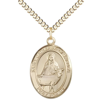 St. Catherine of Sweden 14kt Gold-filled Oval Medal Pendant with Gold-plated Chain, Measures 1-inch tall by 3/4-inch wide, Bliss Manufacturing