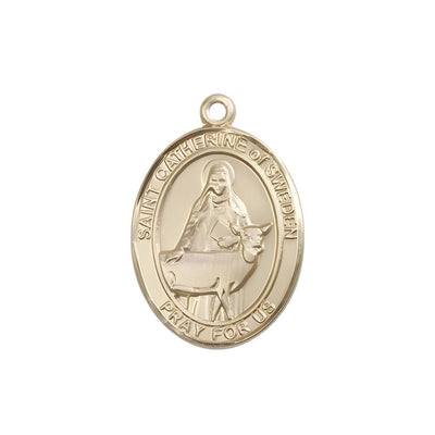 St. Catherine of Sweden 14kt Gold Oval Medal Pendant, Measures 1-inch tall by 3/4-inch wide, Bliss Manufacturing