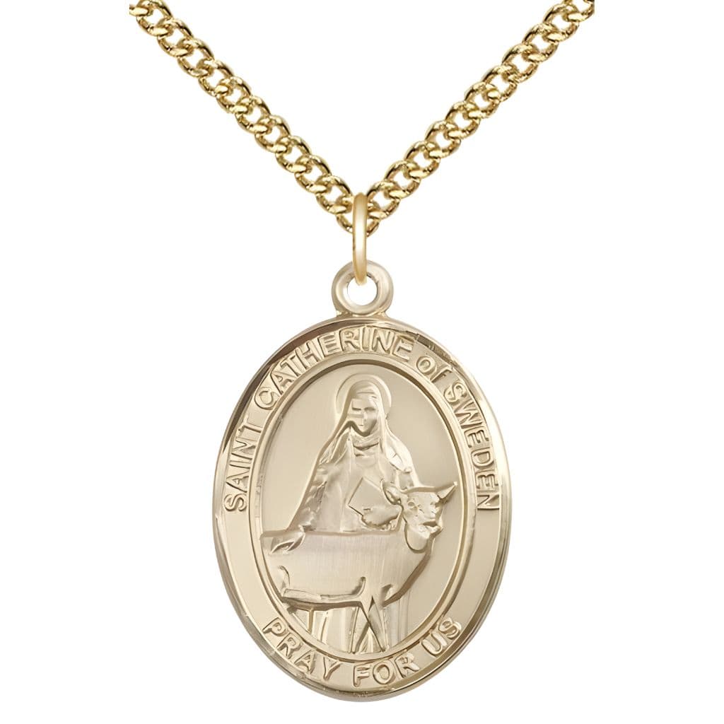 Bliss St. Catherine of Sweden 14kt Gold Oval Medal Pendant with 14kt Gold Chain, Measures 1-inch tall by 3/4-inch wide.