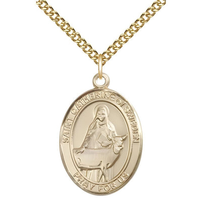 St. Catherine of Sweden 14kt Gold Oval Medal Pendant with 14kt Gold Chain, Measures 1-inch tall by 3/4-inch wide, Bliss Manufacturing