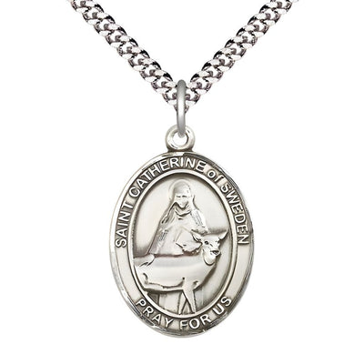 St. Catherine of Sweden Sterling Silver Oval Medal Pendant with Rhodium-plated Chain, Measures 1-inch tall by 3/4-inch wide, Bliss Manufacturing