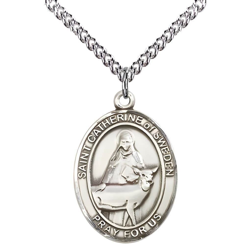 Bliss St. Catherine of Sweden Sterling Silver Oval Medal Pendant with Sterling Silver Chain, Measures 1-inch tall by 3/4-inch wide.
