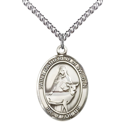 St. Catherine of Sweden Sterling Silver Oval Medal Pendant with Sterling Silver Chain, Measures 1-inch tall by 3/4-inch wide, Bliss Manufacturing