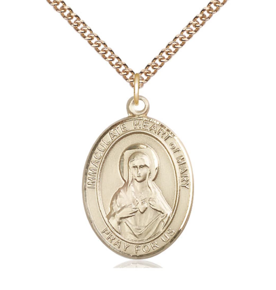 Bliss Immaculate Heart of Mary 14kt Gold Engravable Oval Large Medal Pendant with Chain,