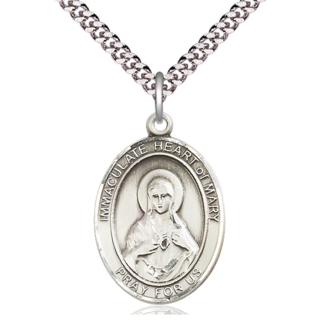 Bliss Immaculate Heart of Mary Large Pewter Oval Engravable Medal Necklace,