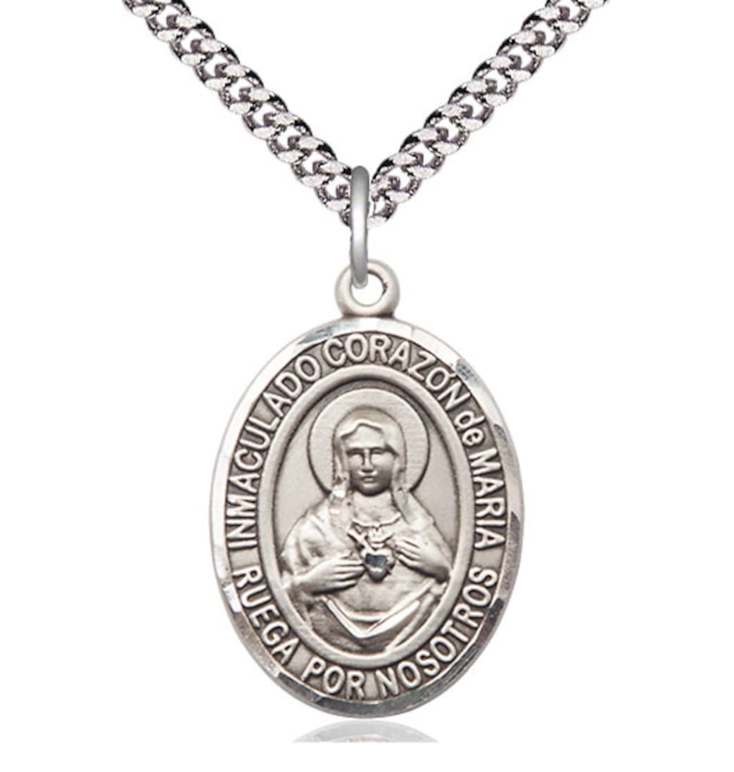 Bliss Corazon Inmaculado de Maria Pewter Oval Engravable Medal Necklace,