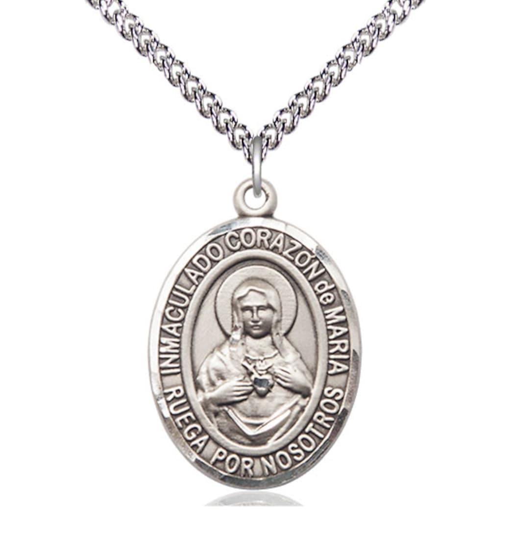 Bliss Corazon Inmaculado de Maria Sterling Silver Oval Engravable Medal Necklace with  Sterling Chain,