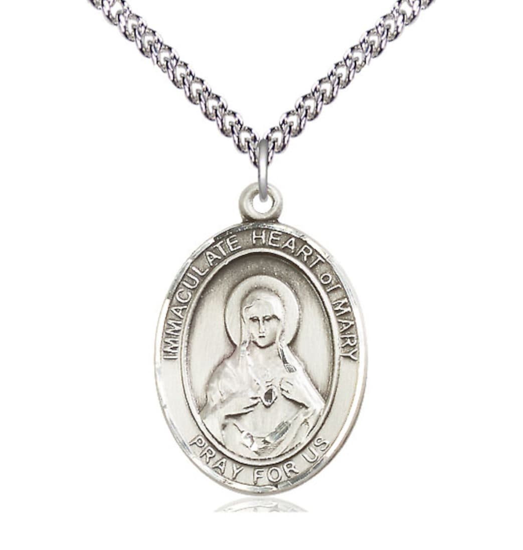 Bliss Immaculate Heart of Mary Sterling Silver Large Oval Engravable Medal Necklace with Sterling Chain,