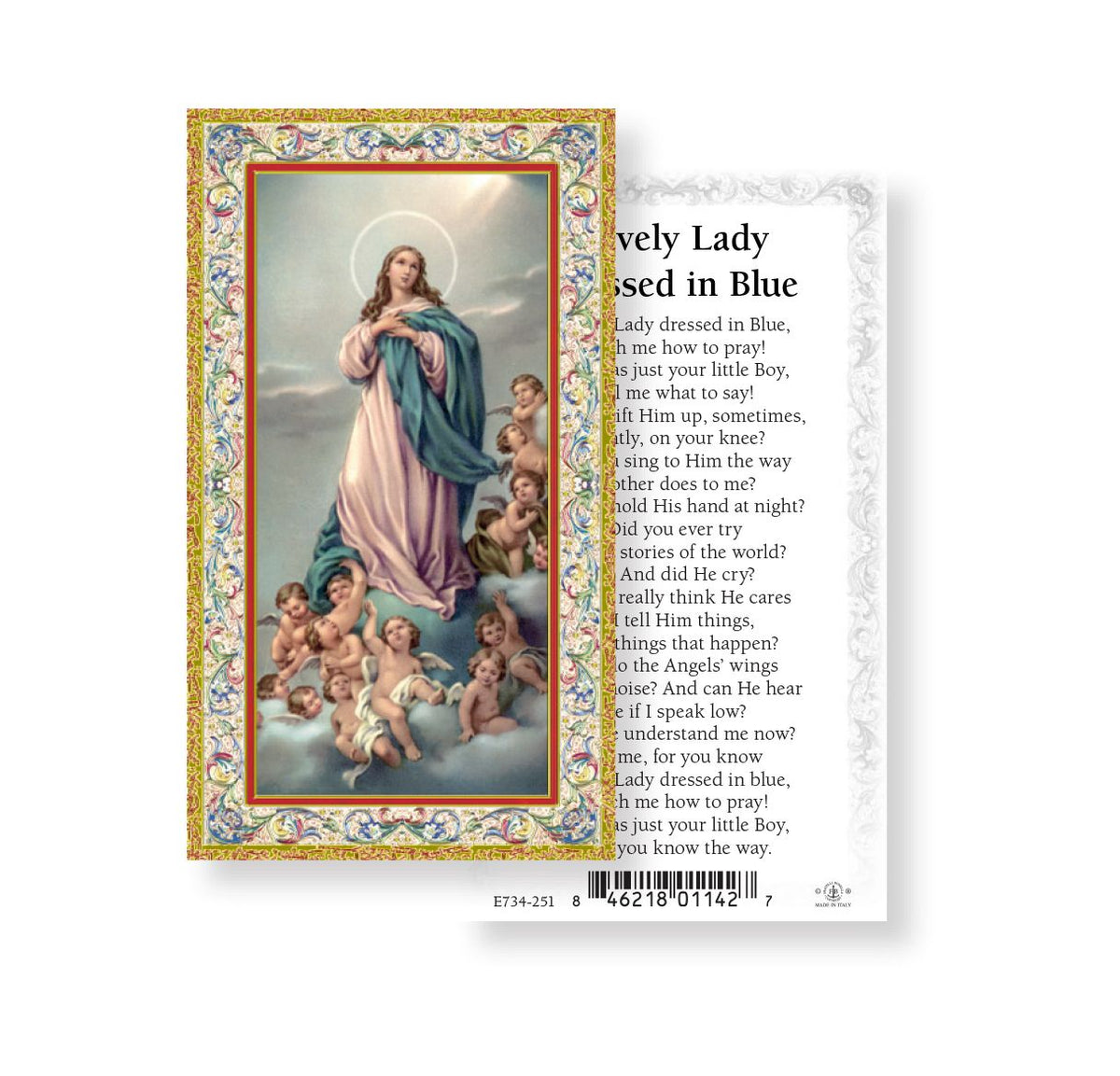 Lovely Lady Dressed in Blue Gold Embossed Paper Holy Card