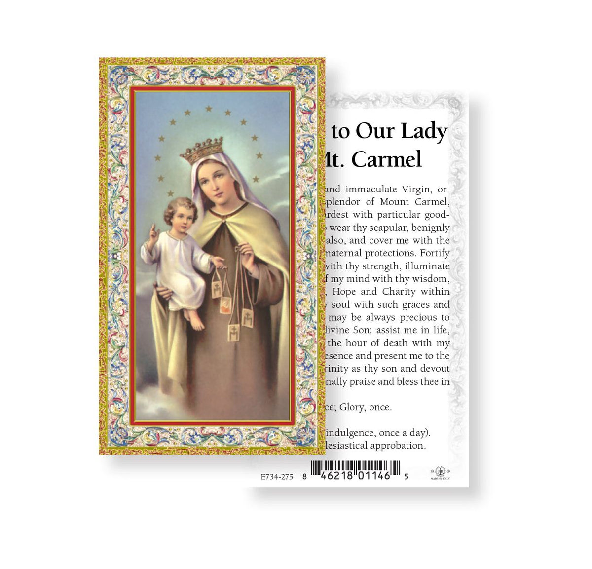 Our Lady of Mt. Carmel Gold Embossed Paper Holy Card